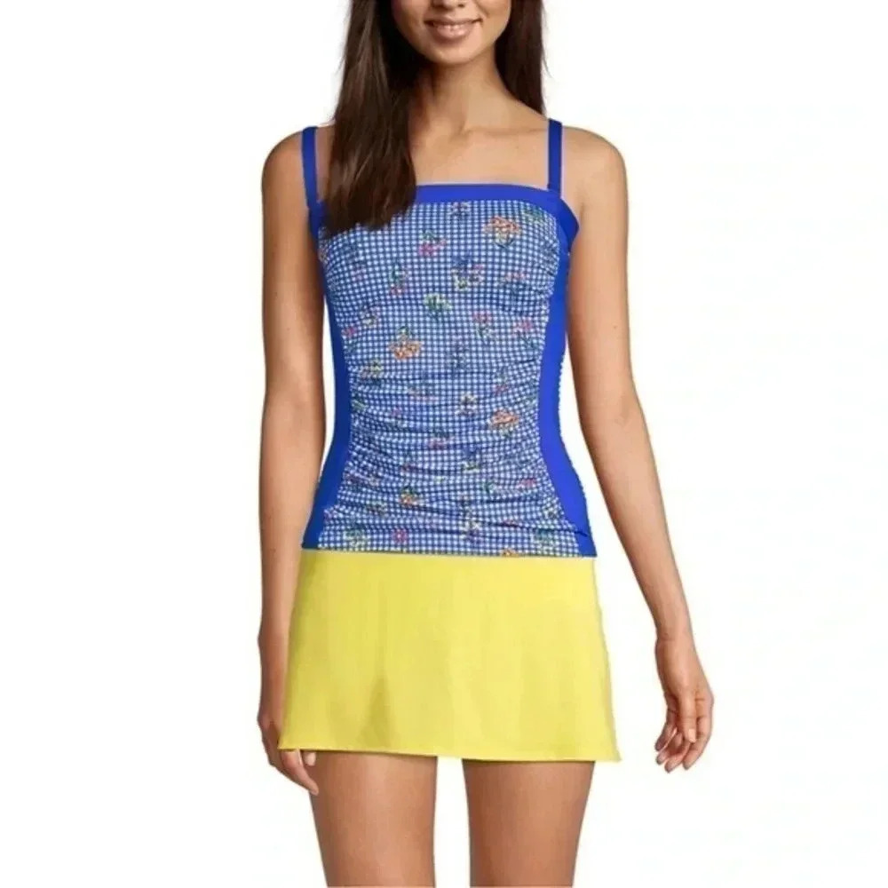 Lands’ End Chlorine Resistant Bandeau Swimsuit Tankini Top Electric Blue Size 2